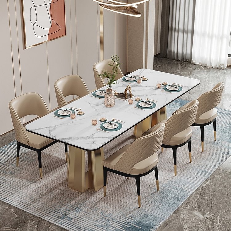 Homemys Rectangular Dining Table Sintered Stop Top Double Pedestal Stainless Steel in Gold