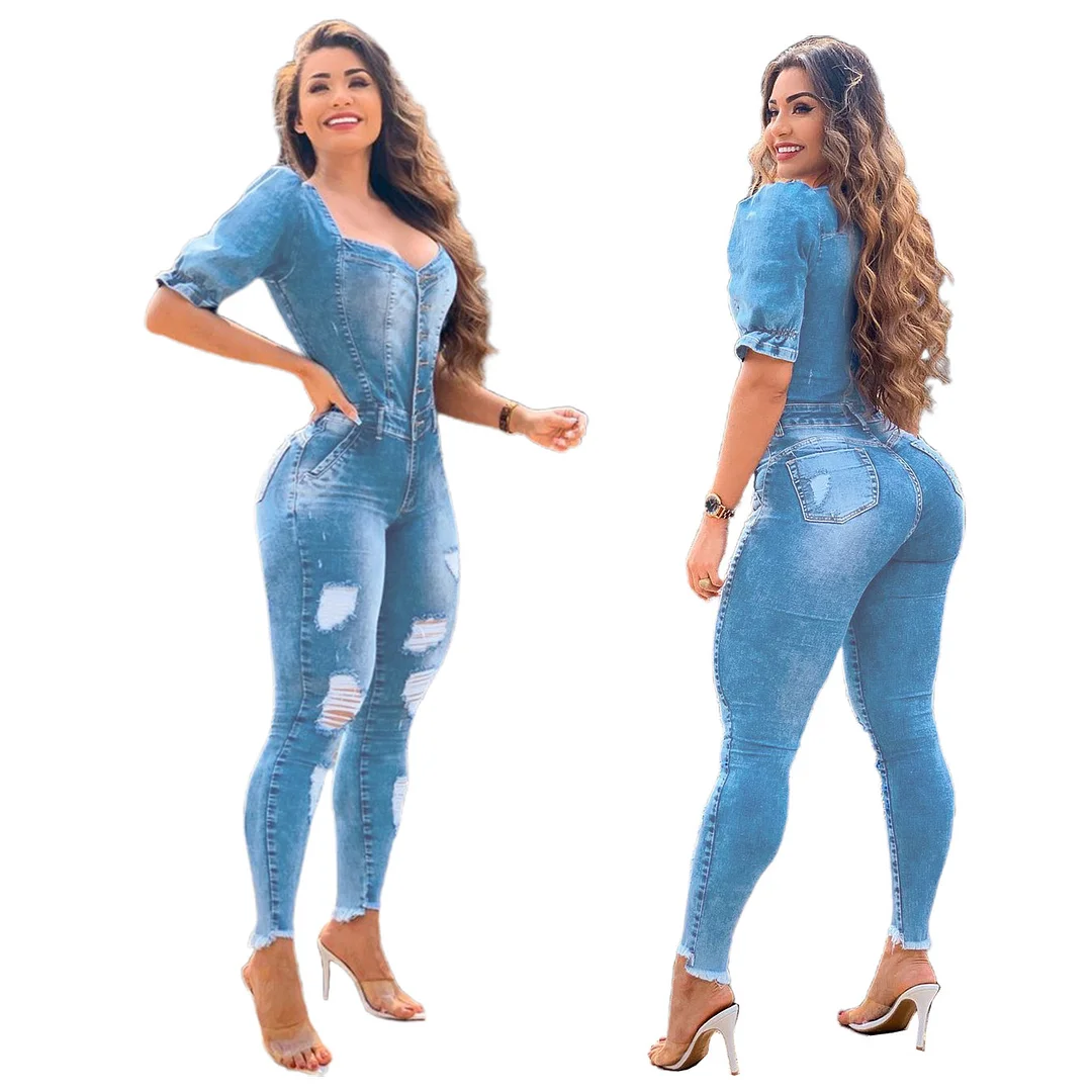 Women's Ruffle Edge Bubble Sleeves Casual Sexy Denim Jumpsuit