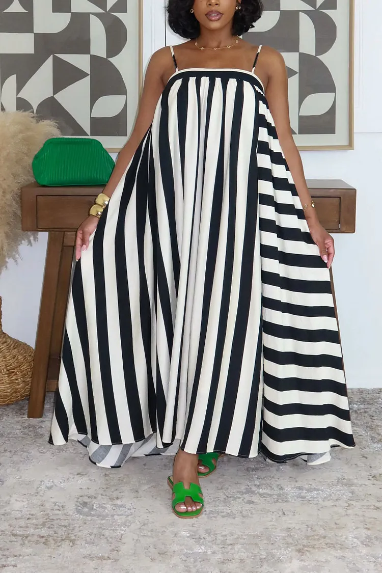 Casual Vacation Style Color Block Striped Loose Fit Maxi Dress