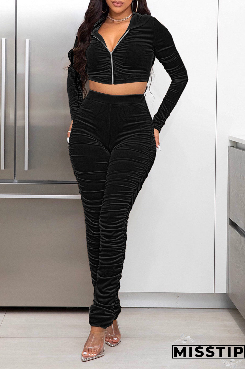 Black Street Solid Fold Hooded Collar Long Sleeve Two Pieces