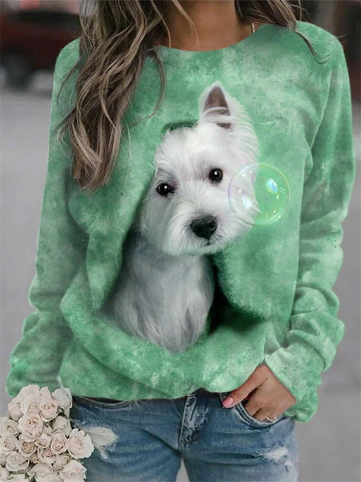 Ladies Animal Pet Cat Dog Floral Fashion Women's Round Neck Sweatshirt Top-Mixcun