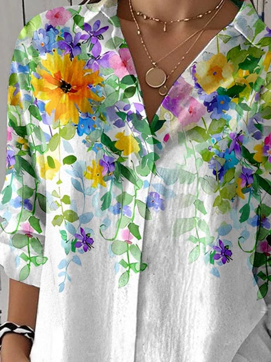 Women 3/4 Sleeve Shirt Collar Floral Printed Graphic Button Tops