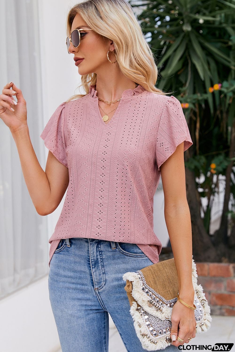 Notched Neck Puff Sleeve Blouse