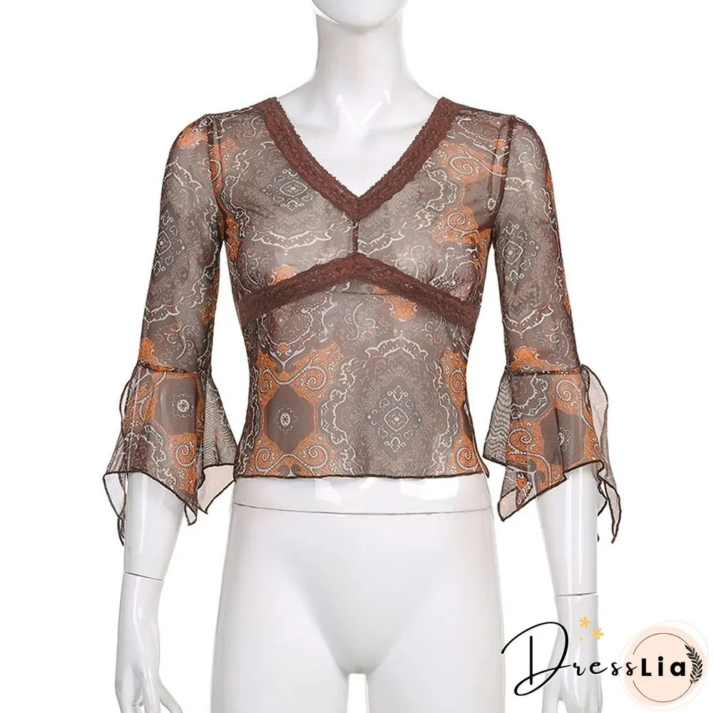 Autumn Lace Floral Mesh Tops Women Vintage Half Flare Sleeve Neck T-Shirts Female Elegant