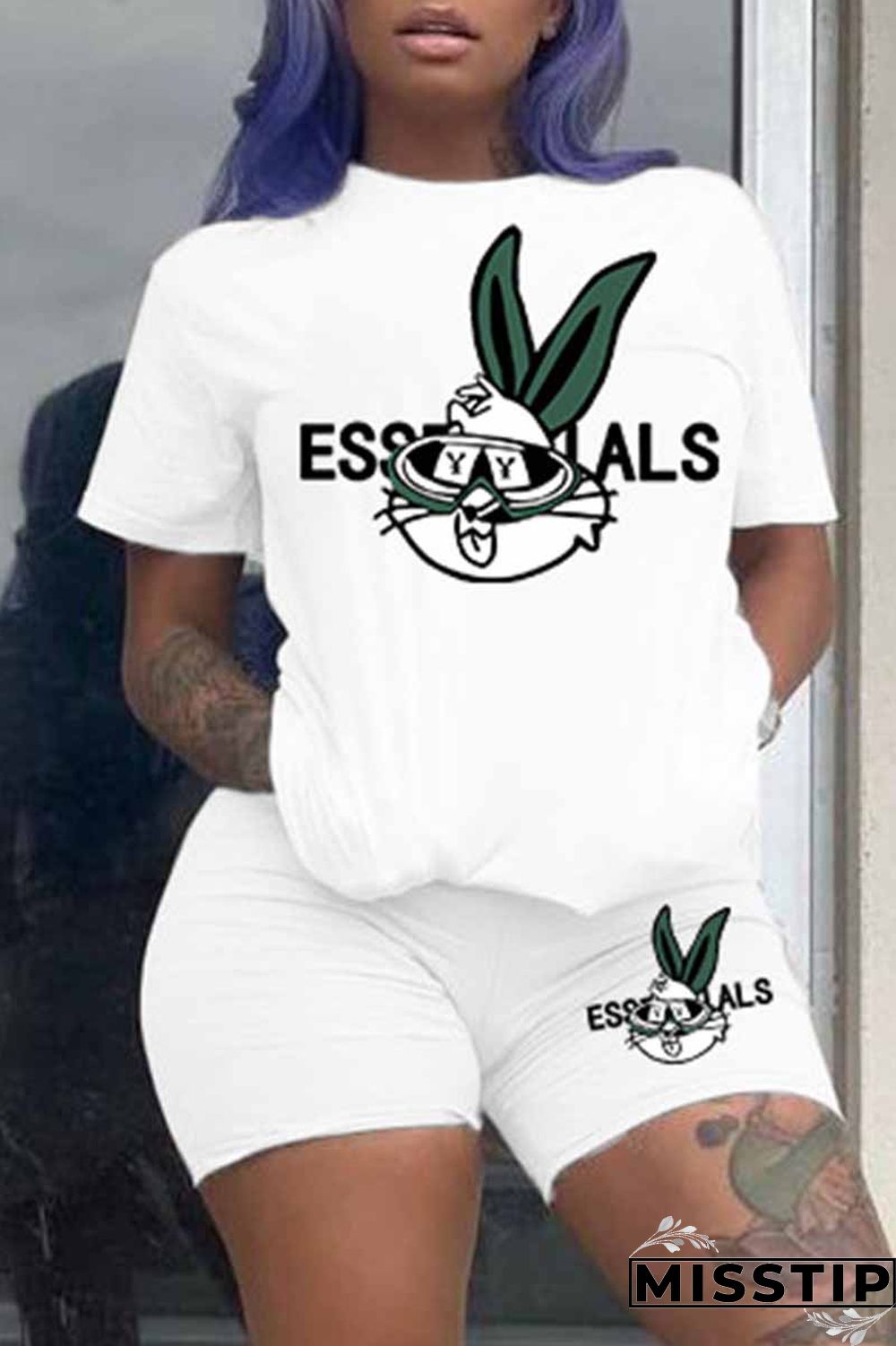 White Casual Character Print Letter O Neck Short Sleeve Two Pieces
