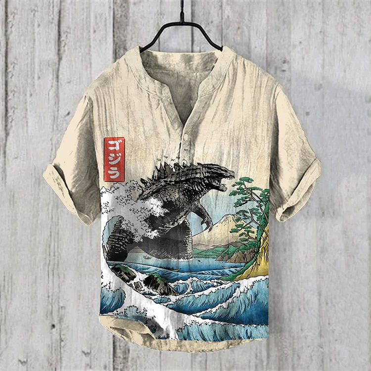 Vintage Japanese Godzilla Art Linen Blend Shirt
