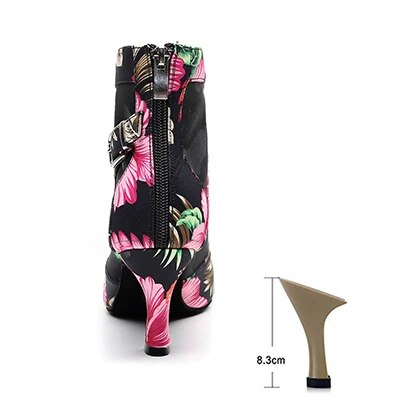 VCshoes Woman Flower Print Latin Ballroom Dance Boots Woman Black High Salsa Bachata Dancing Shoes For Ladies High Heel Booties