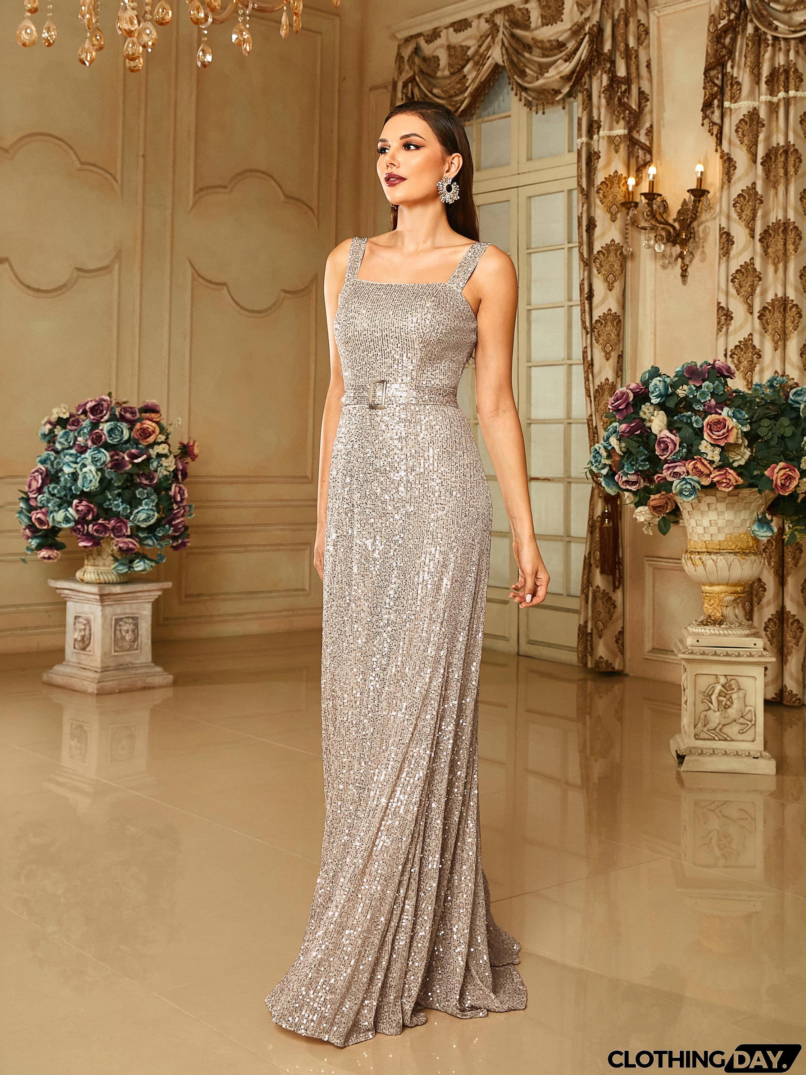 Cold Shoulder Belt A-line Sequin Apricot Prom Dress RM20669