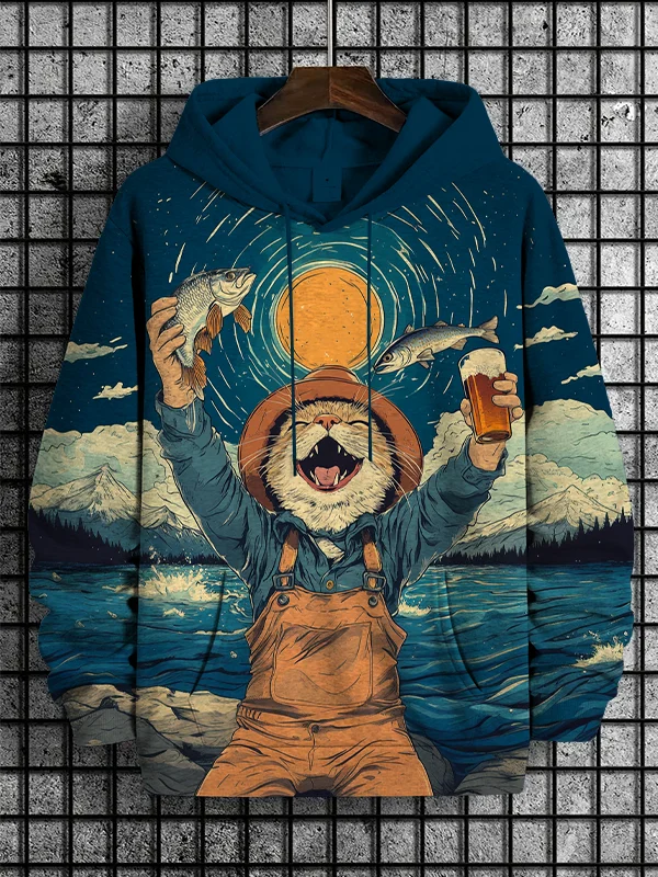 Men's Cat Celebrates Catching Fish At Night Art Print Hooded Sweatshirt