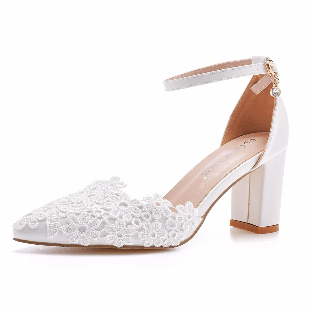 Breakj Breakj 7 Cm Thick Heel Sharp-Headed Hollow Sandals Spring Square Heeled Women's Shoes White Lace Bride High Heels