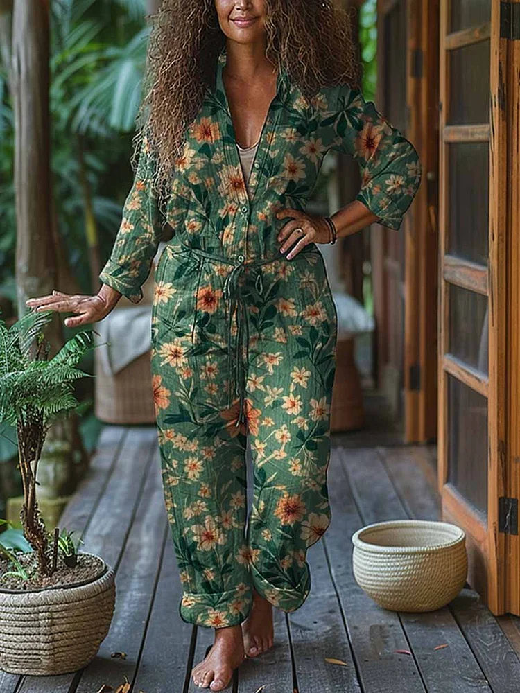 Women's Floral Casual Cotton Wide Leg Jumpsuit