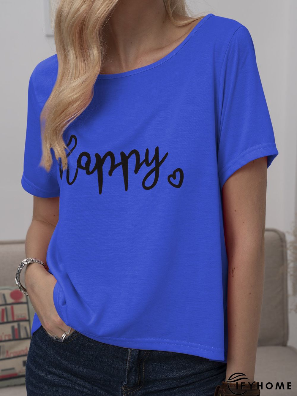 Plus Size Women Short Sleeve Happy Floral Casual Tops | IFYHOME