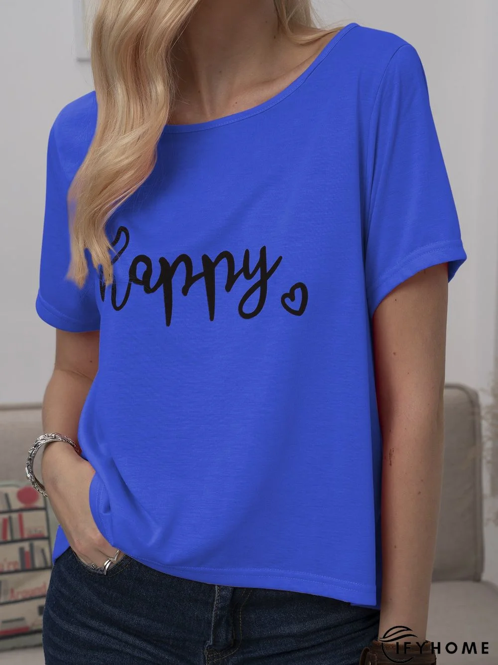 Plus Size Women Short Sleeve Happy Floral Casual Tops | IFYHOME