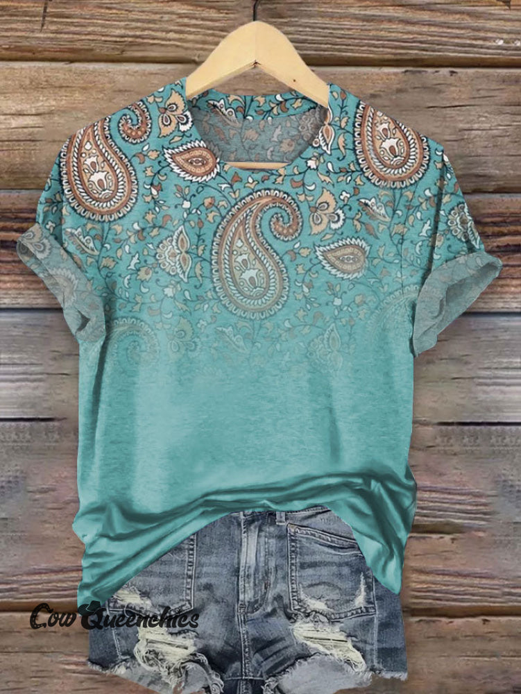 Vintage Turquoise Bohemian Paisley Print T-shirt Multicolor / S