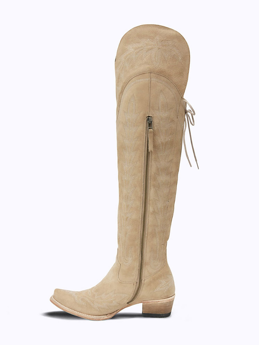 Beige Snip Toe Chunky Heel Lace Up Over the Knee Cowgirl Boots
