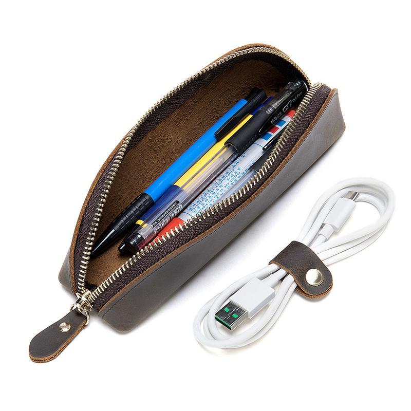 Genuine Leather Zippered Main Compartment Mobile Office Pencil USB Pouch Protection Bag