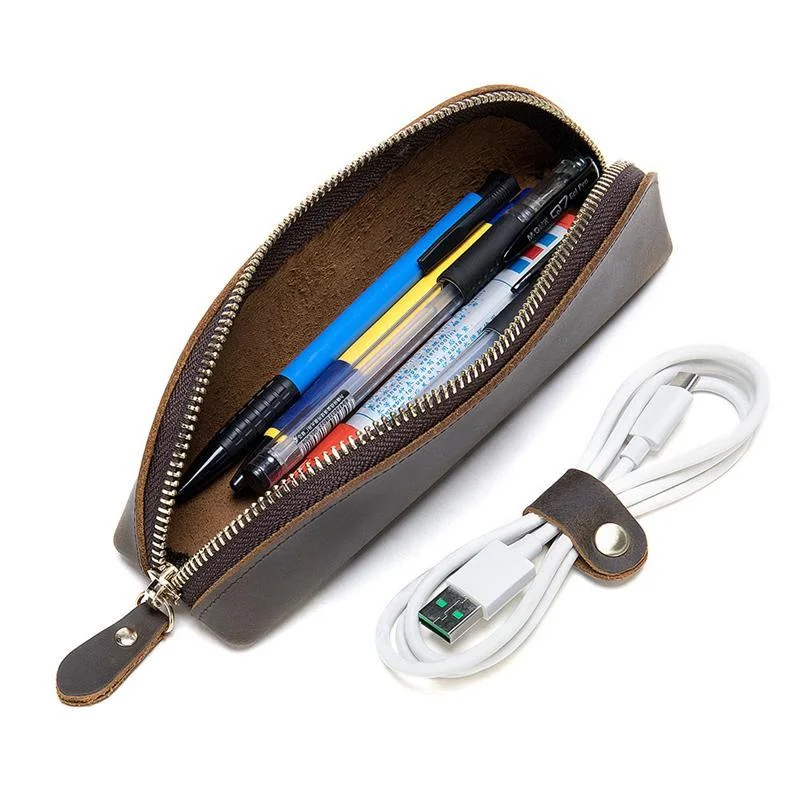 Genuine Leather Zippered Main Compartment Mobile Office Pencil USB Pouch Protection Bag
