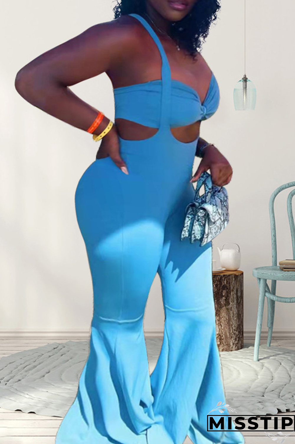 Fluorescent Green Fashion Solid Hollowed Out Spaghetti Strap Sleeveless Two Pieces