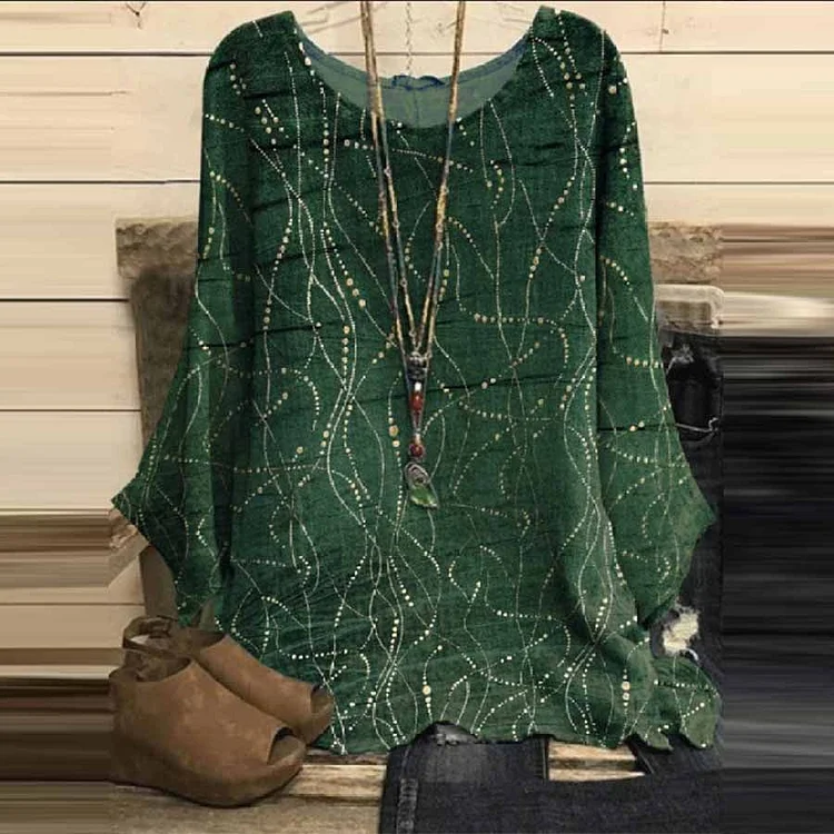 Polka Dot Print Round Neck Loose Retro Cotton Linen Tops