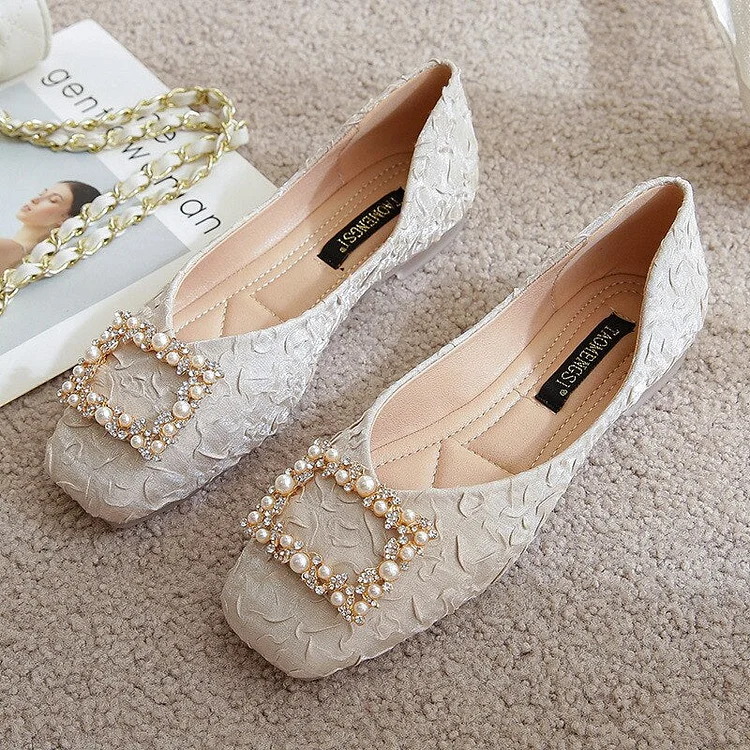vanccy Summer Rhinestone Buckle Flats Square Head Women Shoes QueenFunky