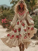 Women's Vintage Romantic Rose Embroidery Art Comfy Knitted Maxi Dress