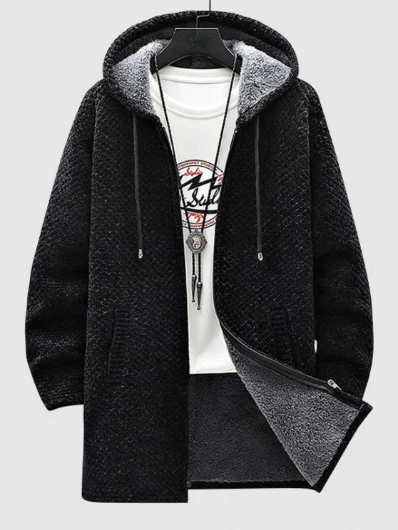 Zip Fly Fleece-lined Long Hooded Long Jacket