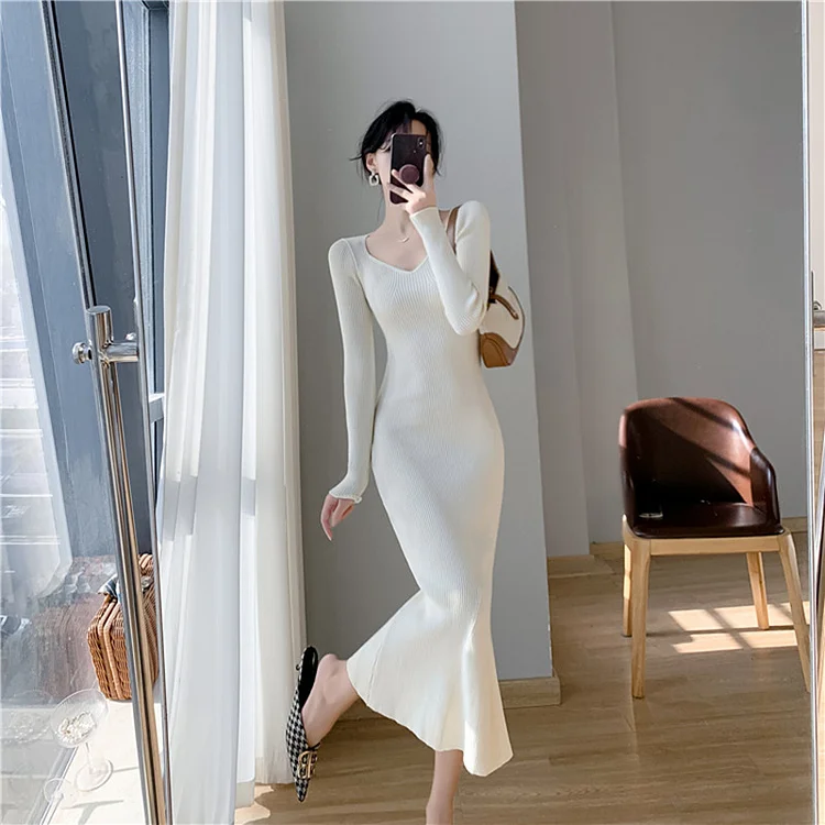 Fashionable Shirt Mermaid Skirt Elegant Long Sleeve V-Neck Knitted Sweater Maxi Dress