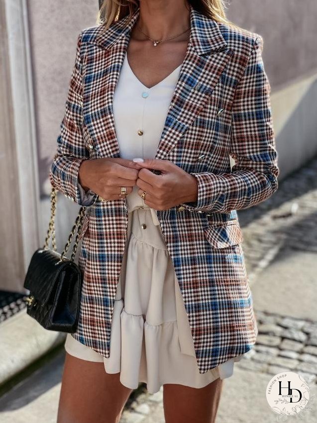 Blazers Lapel Check Pocket Button Blazer for Women