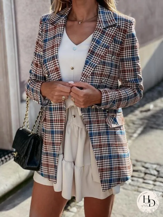 Blazers Lapel Check Pocket Button Blazer for Women