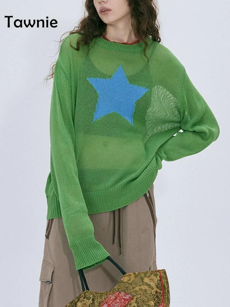 Uveng 2022 Summer Autumn Star Kintted Smock Tops Women Y2K Long Sleeve See Through Loose Pullovers T Shirts Vintage Streetwear