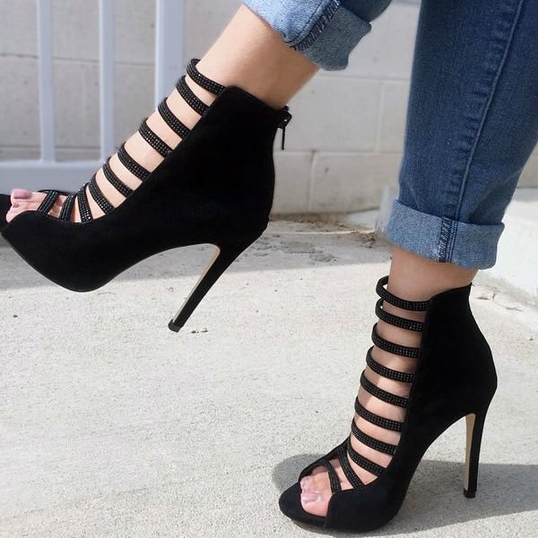 Black Peep Toe Stiletto Heels Multi-strap Suede Rhinestone Chic Pumps |FSJ Shoes