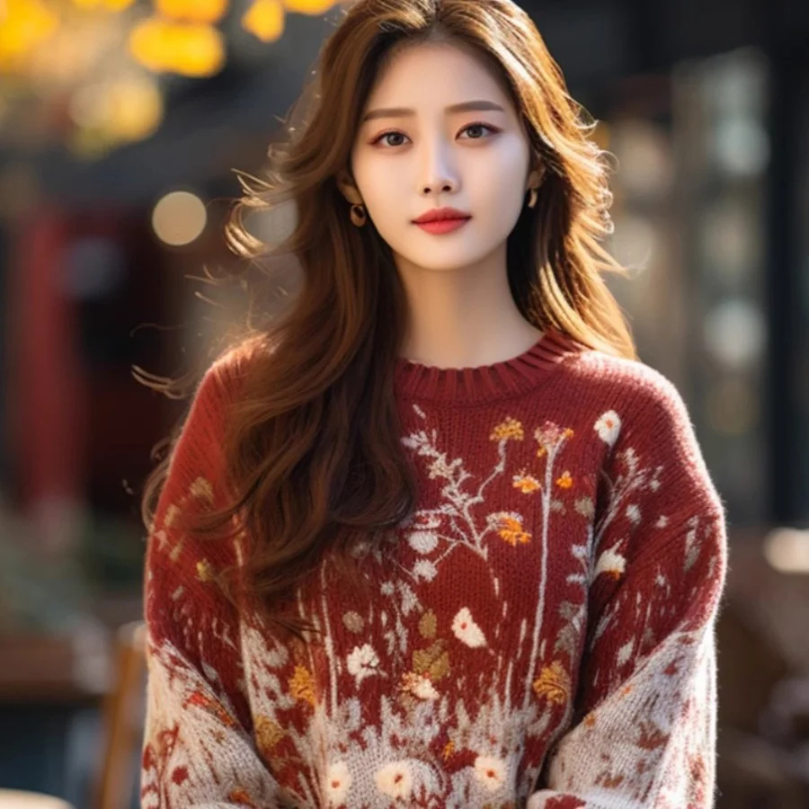 Athvotar Athvotar Retro-Red Age-Red Red Sweater In Autumn And Winter 2025 Women Loose Outer Wear Cover-Up Knitted Shirts