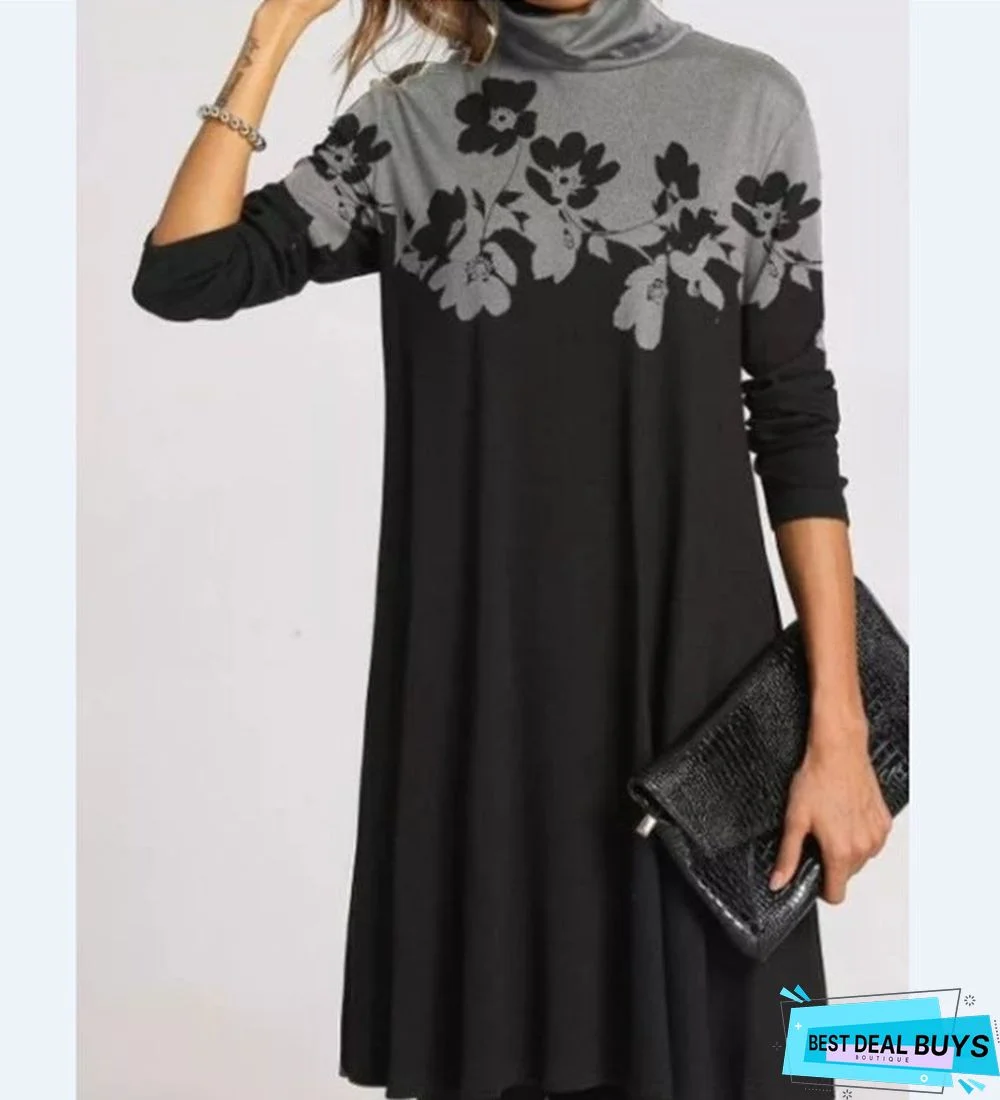 Printed Half-Turtleneck Long Sleeve Dress Black Dresses