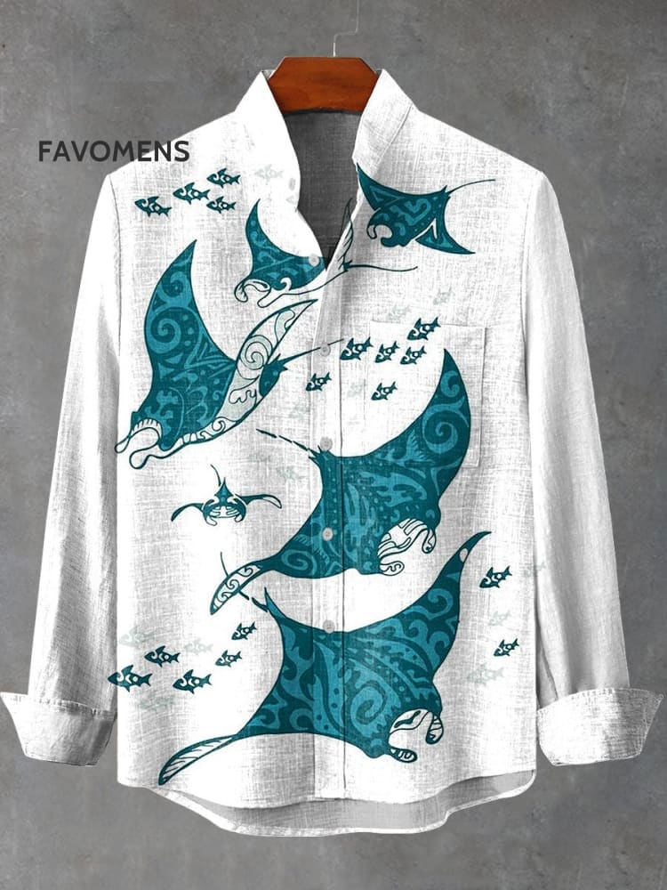 Vintage Fish Manta Rays Print 100% Cotton Long Sleeve Shirt Multicolor / S
