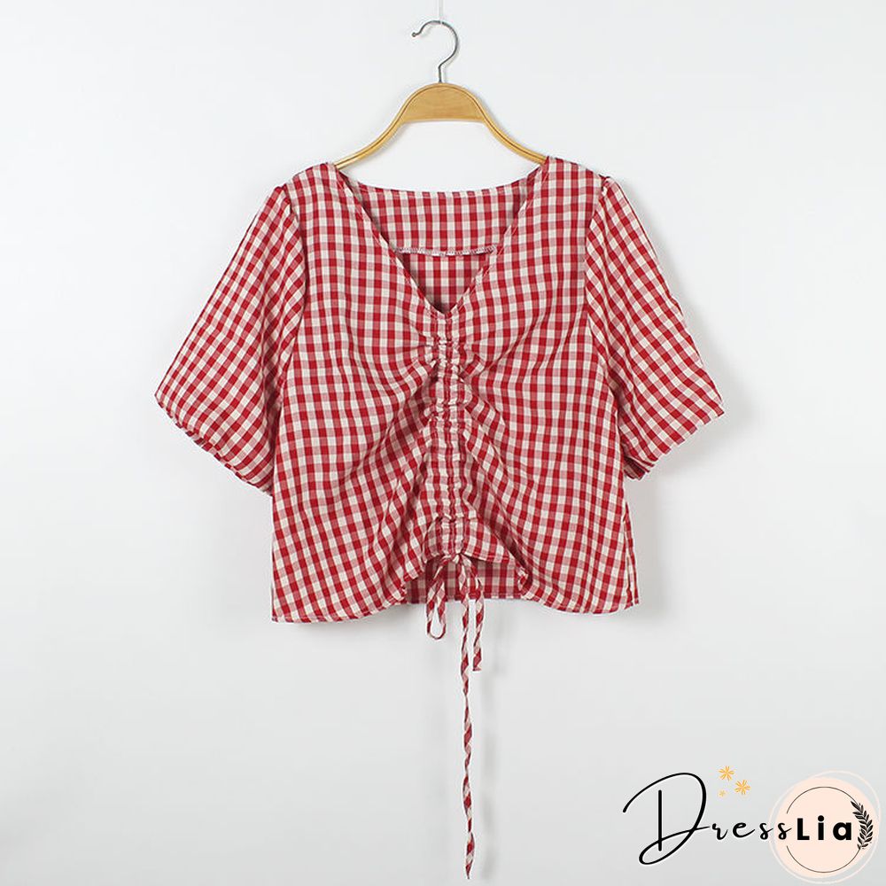 T-Shirts Womens Summer Crop Tops Plaid V-Neck Lantern Sleeve 2Xl Drawstring Slim Chic
