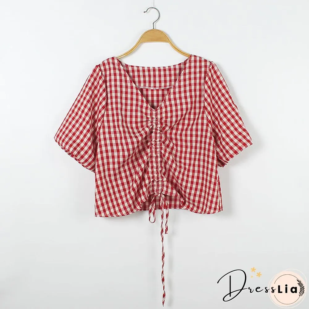 T-Shirts Womens Summer Crop Tops Plaid V-Neck Lantern Sleeve 2Xl Drawstring Slim Chic