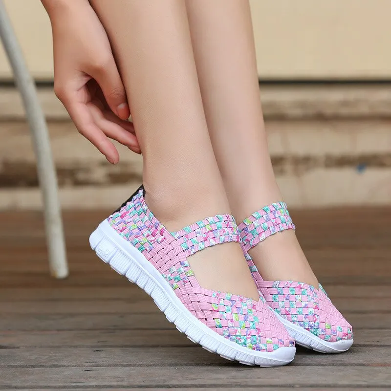 WHNB Women's Loafers Casual Shoes 2021 Spring Comfortable Sneakers Woven Breathable Flat Shoes Outdoor Hook&Loop Slip