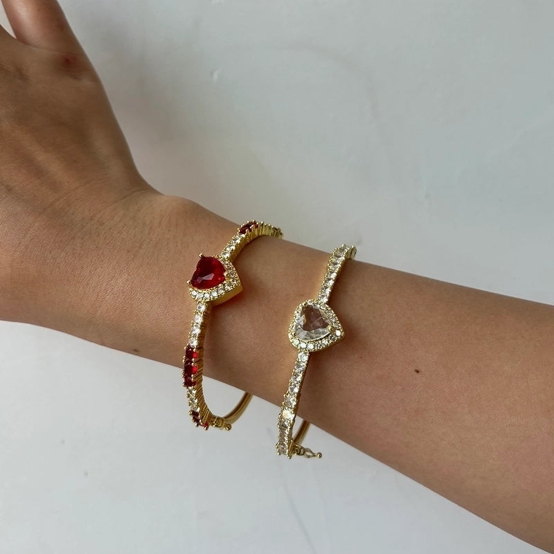 Copper Cute Sweet Inlay Heart Shape Rhinestones Bangle