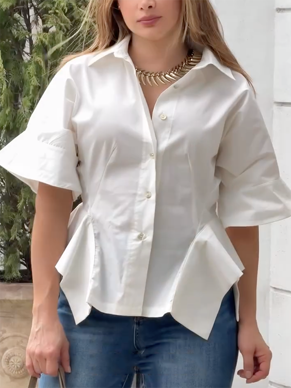 Half Sleeves Loose Buttoned Solid Color Lapel Blouses&Shirts Tops WHITE-S