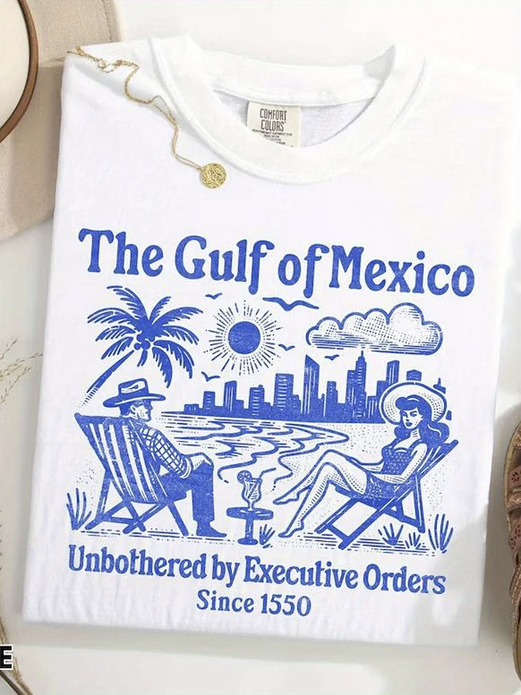 Women's 100% Cotton Casual T-Shirt - Gulf Of Mexico Print With Vintage 1500s Slogan, Breathable Loose Fit Round Neck Short Sleeve Top For Spring/Summer, Machine Washable Holiday Gift, Cute T Shirts, Summer Clothing, Soft Fabric Tee