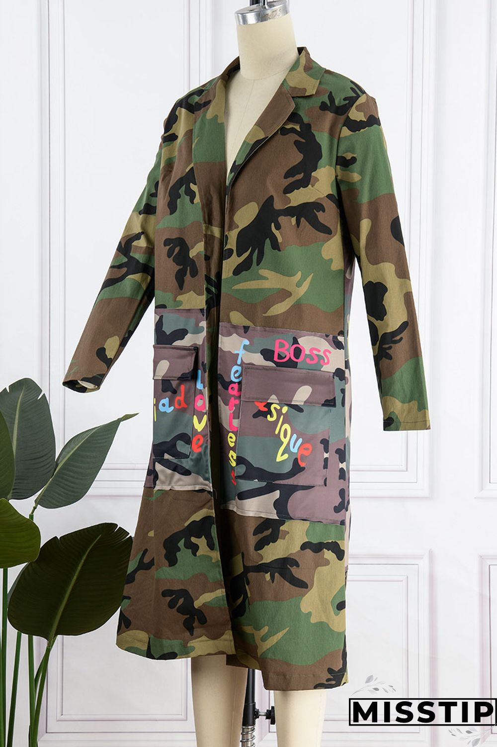 Camouflage Casual Street Print Camouflage Print Patchwork Turn-back Collar Outerwear