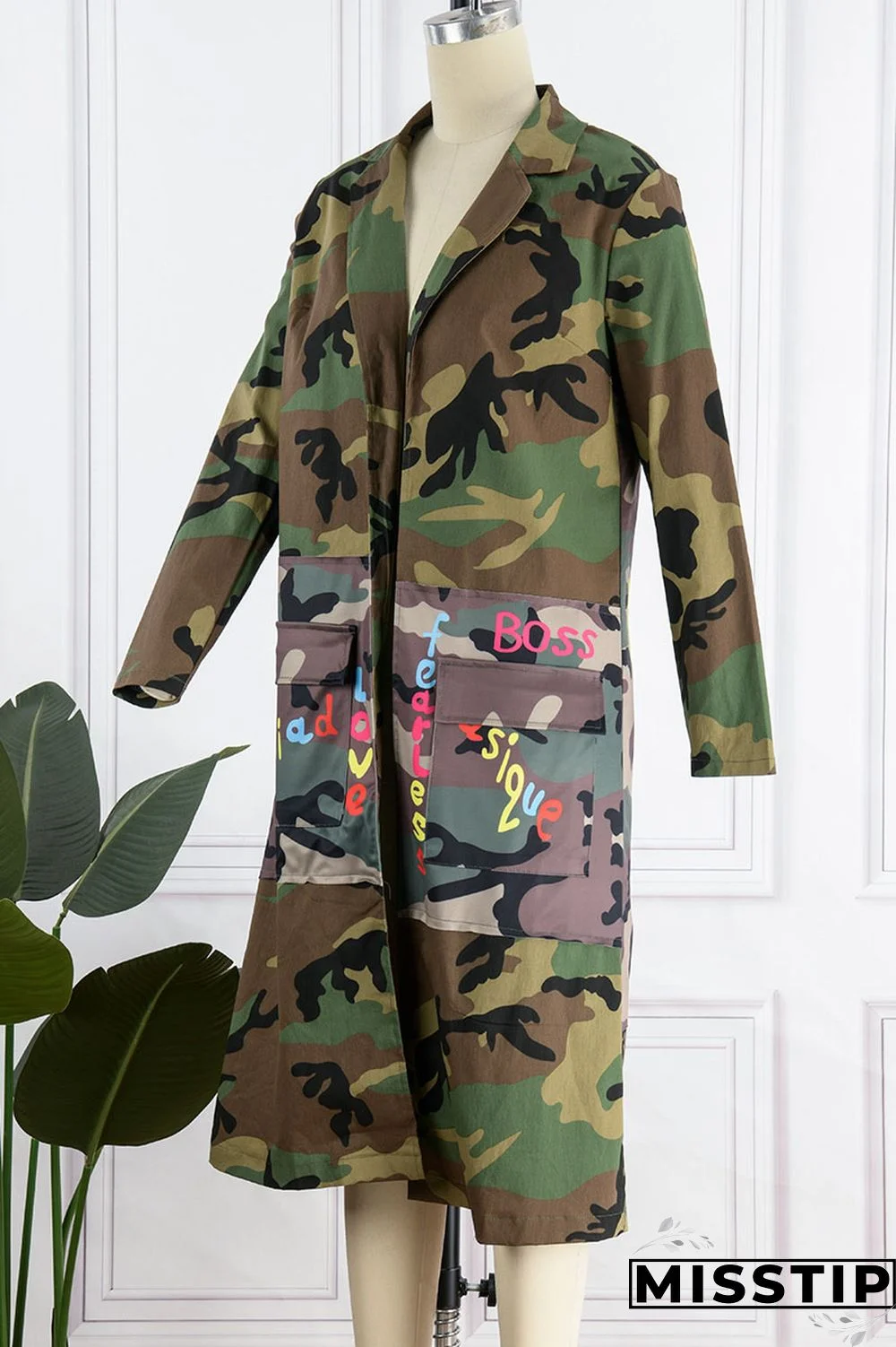 Camouflage Casual Street Print Camouflage Print Patchwork Turn-back Collar Outerwear