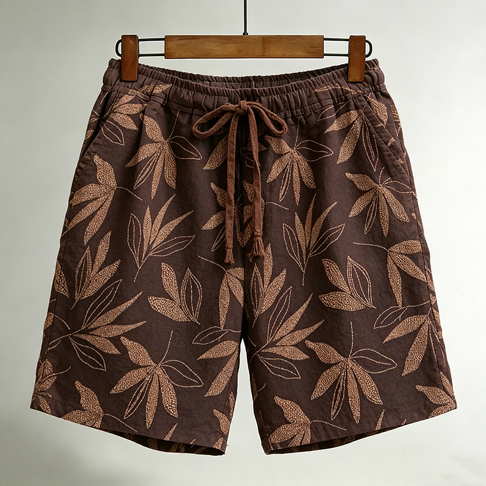 Comstylish Men's Plant Embroidery Design Spring And Summer Casual Linen Shorts