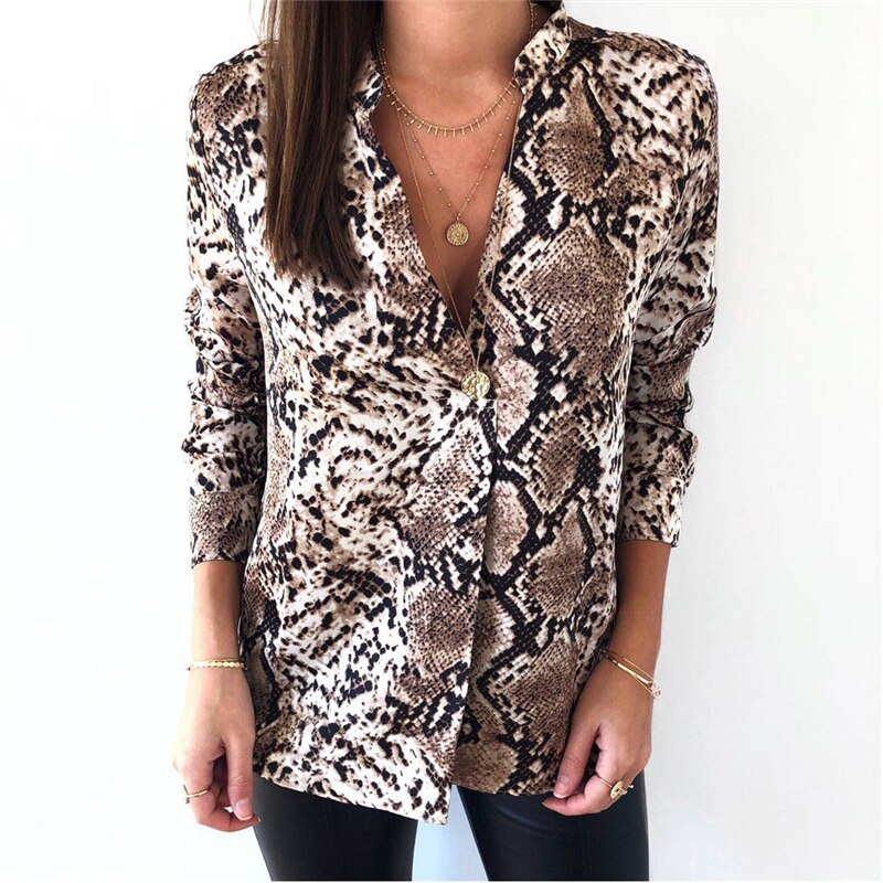 Loose Snakeskin Print Long Sleeve V-Neck Snake Casual  Blouses