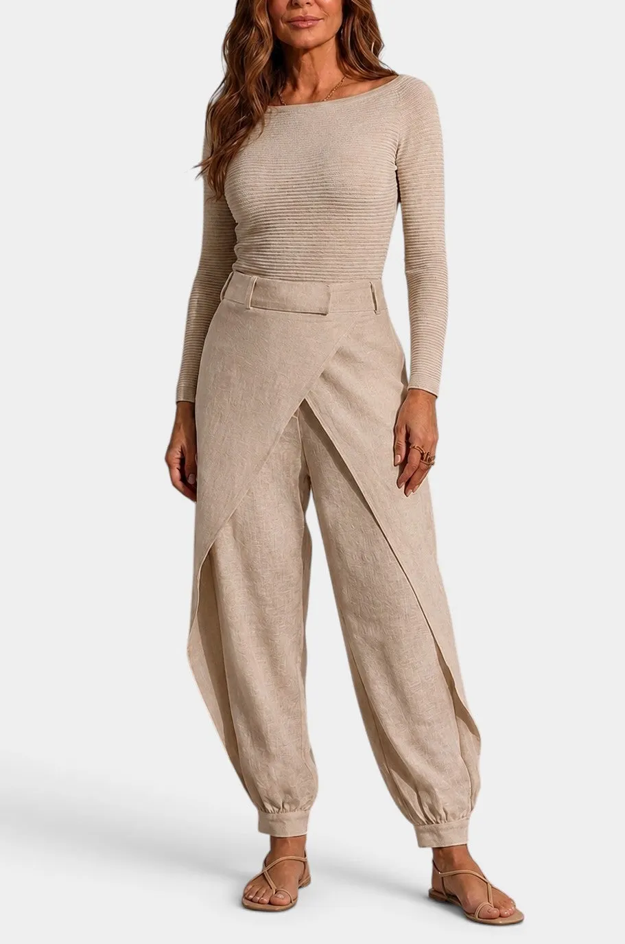 Asymmetric Draped Trousers with Belted Waist