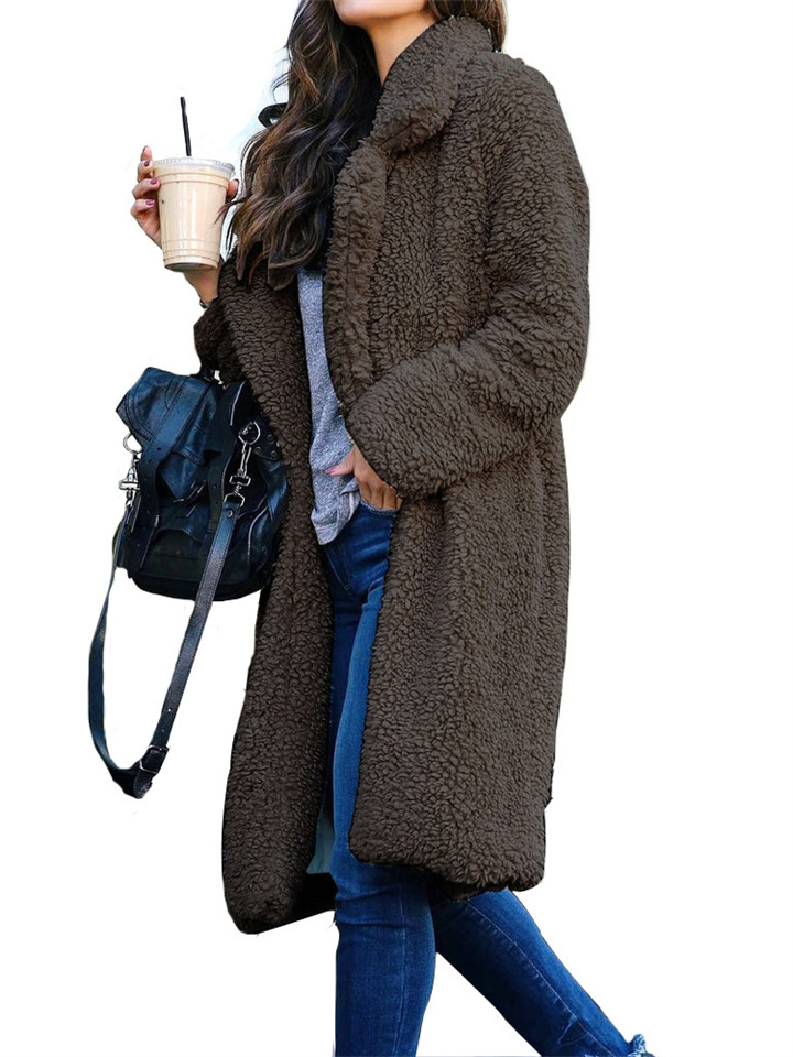Autumn and Winter Solid Color Long-sleeved Lapel Women Plush Top Temperament Commuter Double-sided Velvet Long Coat Coat | 168DEAL