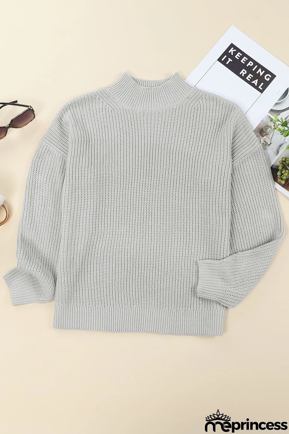 Gray High Neck Drop Shoulder Plain Sweater