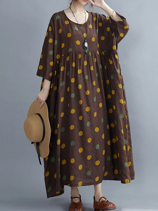 Artistic Retro Vintage Polka-Dot Roomy Pleated Midi Dress