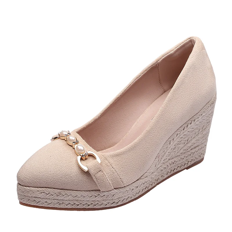 Wongn Wongn And Autumn New Slope Heel Pointed Mouth Thick Bottom Suede Pearl Decoration Grass Hemp Rope High Heel Single Shoes Women