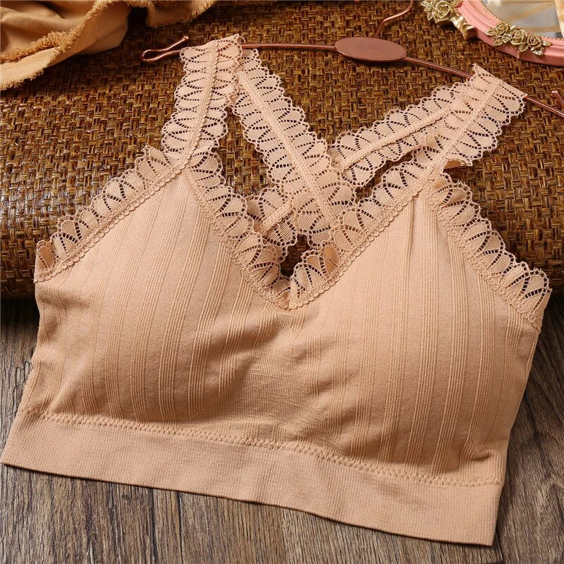 Women Lace Tops Solid Color Tank Crop Top Bra Underwear Cotton Tube Top Female Back Cross Lingerie Removable Padded Intimates